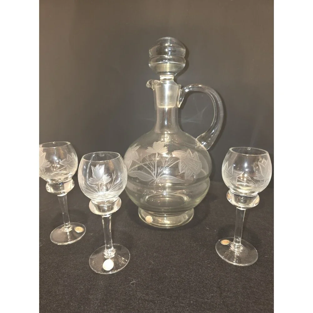 Vintage Toscany Romanian Etched Crystal Decanter Set - 4 Pc - Floral Design -...
